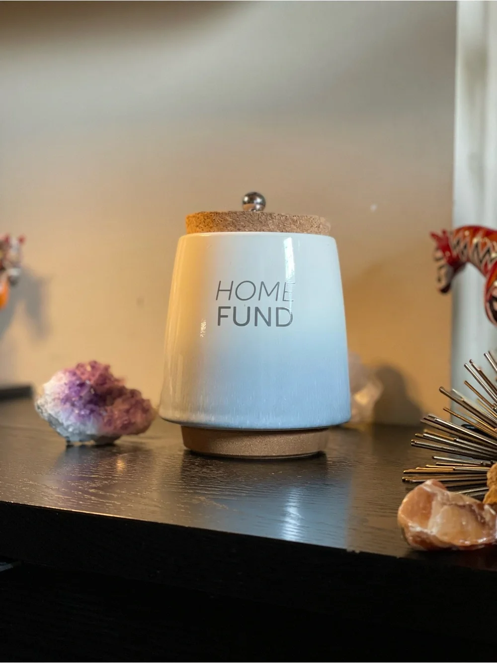 Home Fund Ceramic Money Jar - Blue & Cream Color Ombre - Cork Lid - Like New
